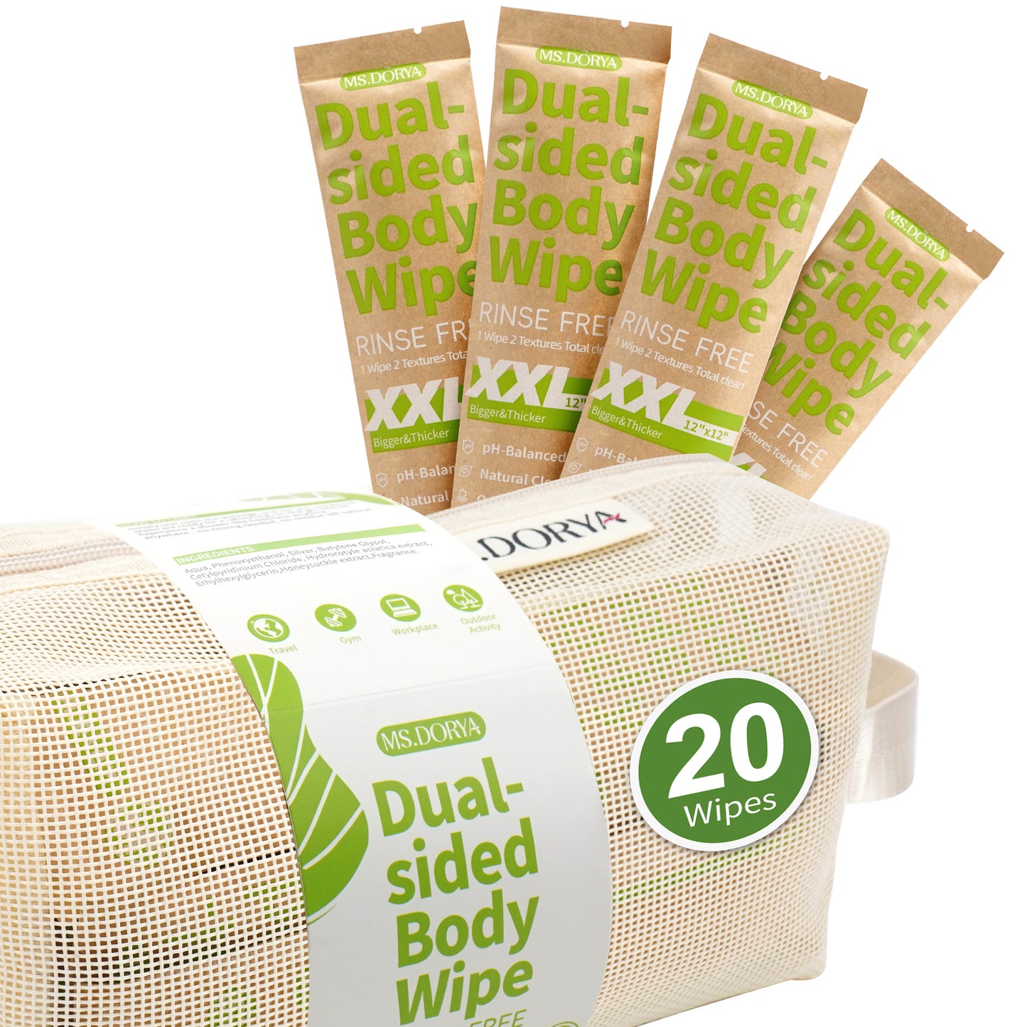 Biodegradable No-Rinse Body Wipes for Adults - 20 Individually Wrapped Cleansing Wipes with Aloe Vera