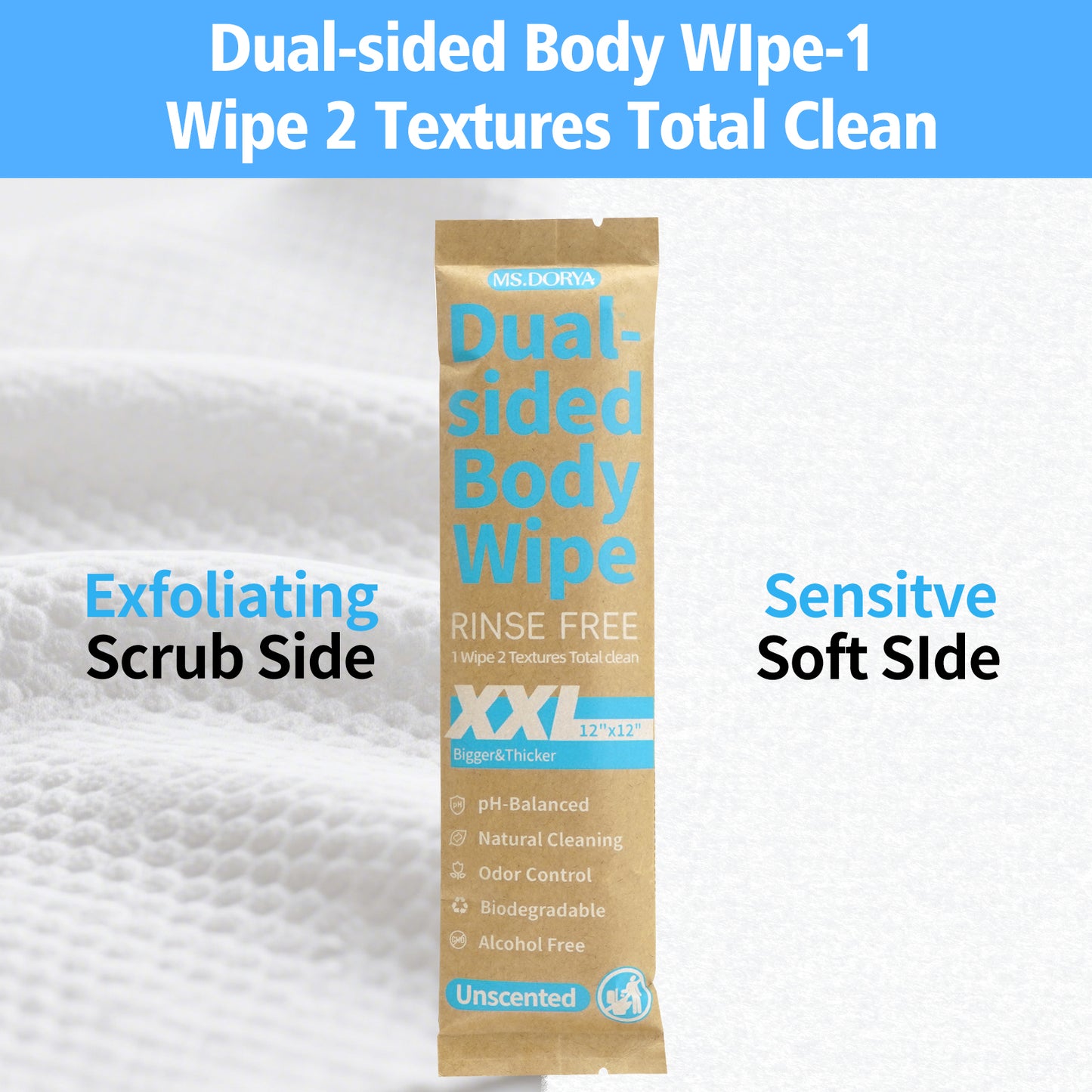 Biodegradable No-Rinse Body Wipes for Adults - 20 Individually Wrapped Cleansing Wipes with Unscented