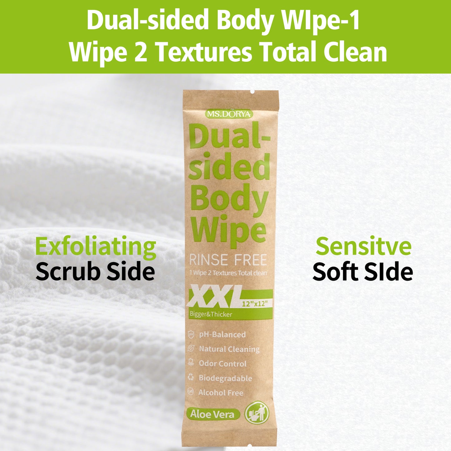 Biodegradable No-Rinse Body Wipes for Adults - 20 Individually Wrapped Cleansing Wipes with Aloe Vera
