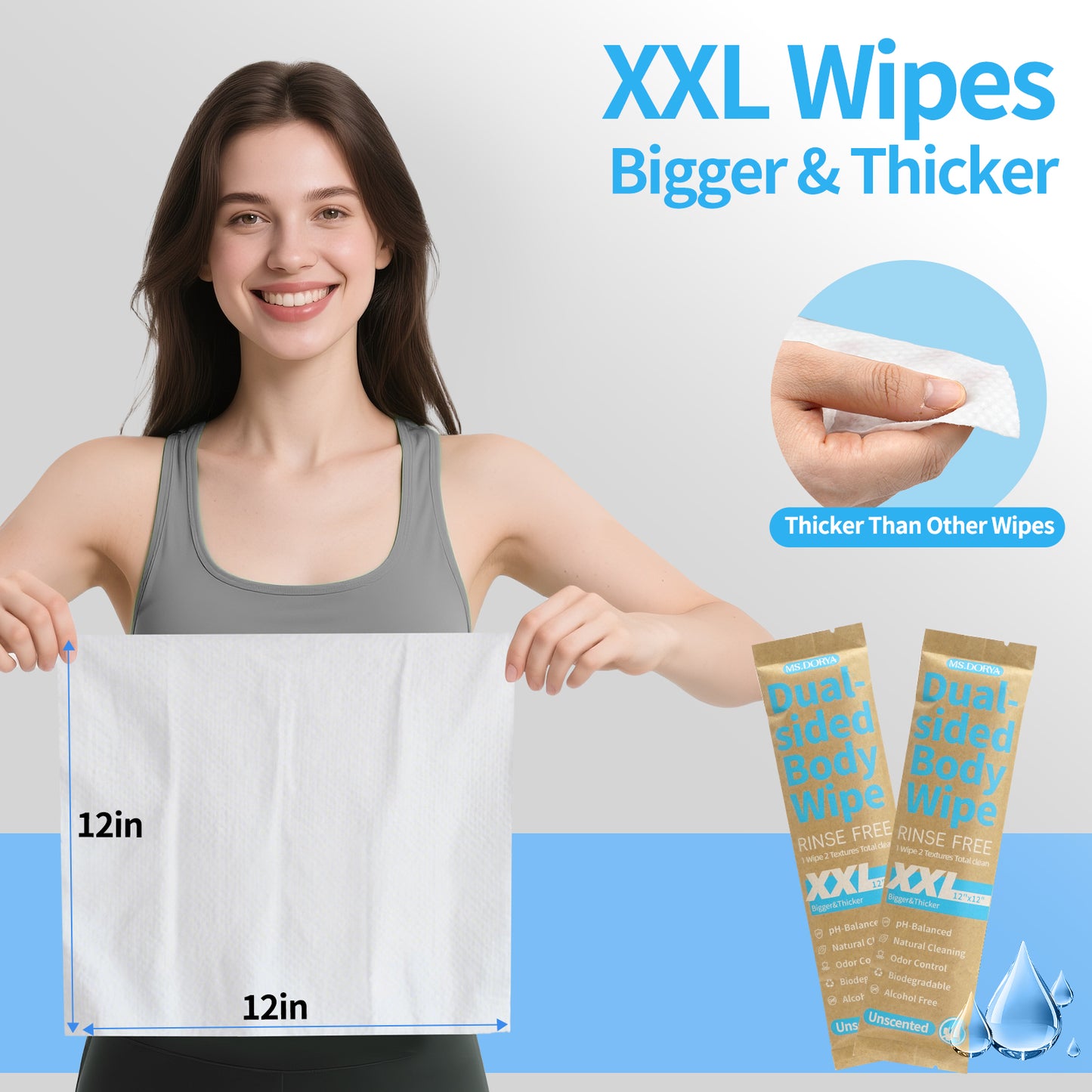 Biodegradable No-Rinse Body Wipes for Adults - 20 Individually Wrapped Cleansing Wipes with Unscented