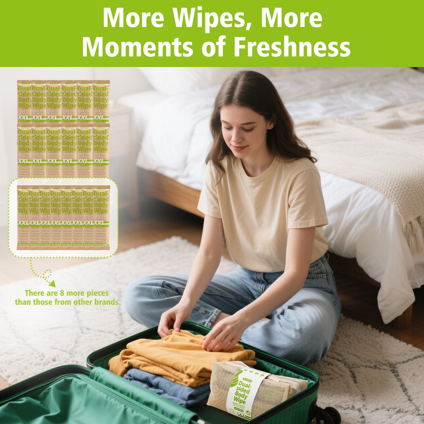 Biodegradable No-Rinse Body Wipes for Adults - 20 Individually Wrapped Cleansing Wipes with Aloe Vera