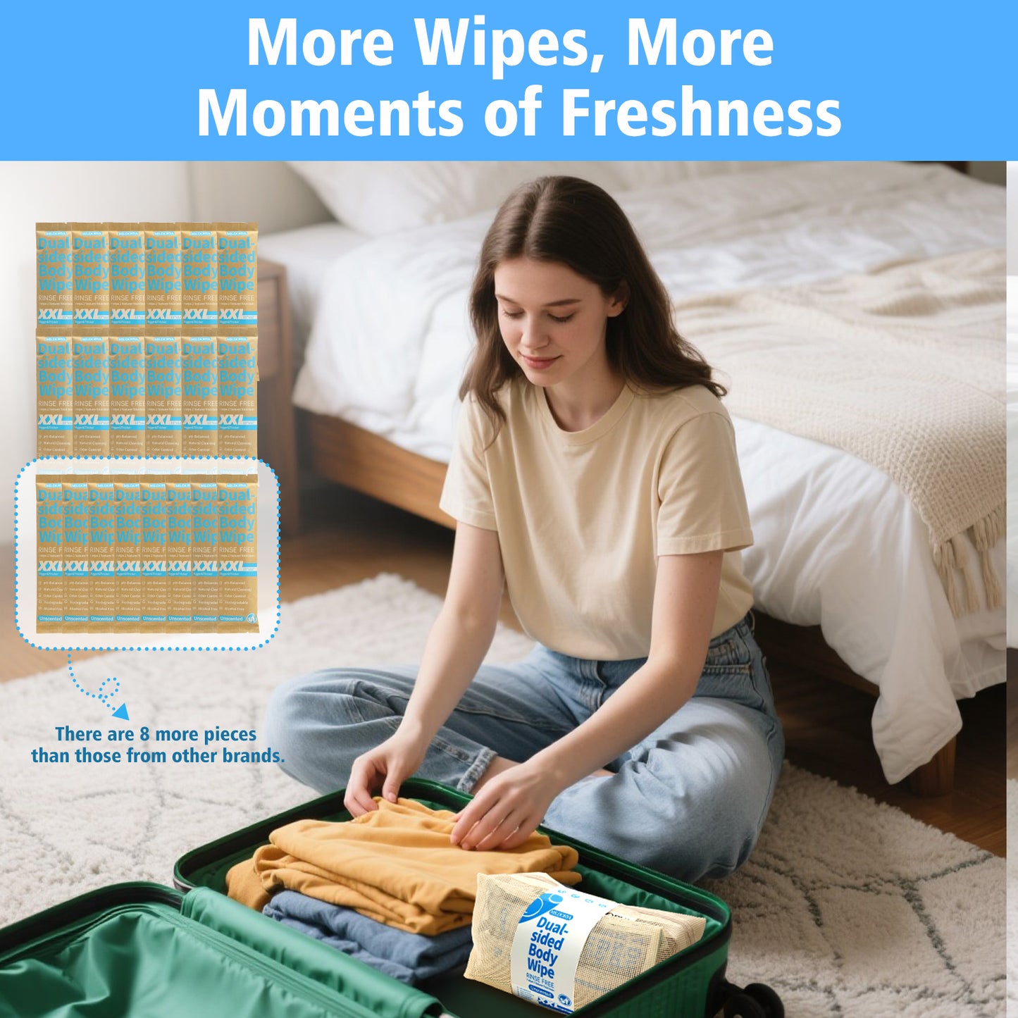 Biodegradable No-Rinse Body Wipes for Adults - 20 Individually Wrapped Cleansing Wipes with Unscented