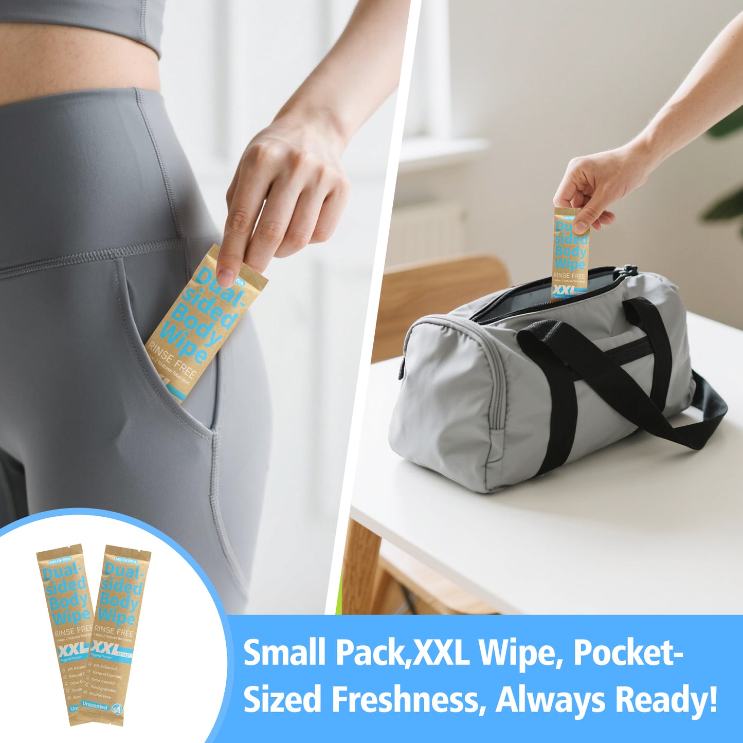 Biodegradable No-Rinse Body Wipes for Adults - 20 Individually Wrapped Cleansing Wipes with Unscented